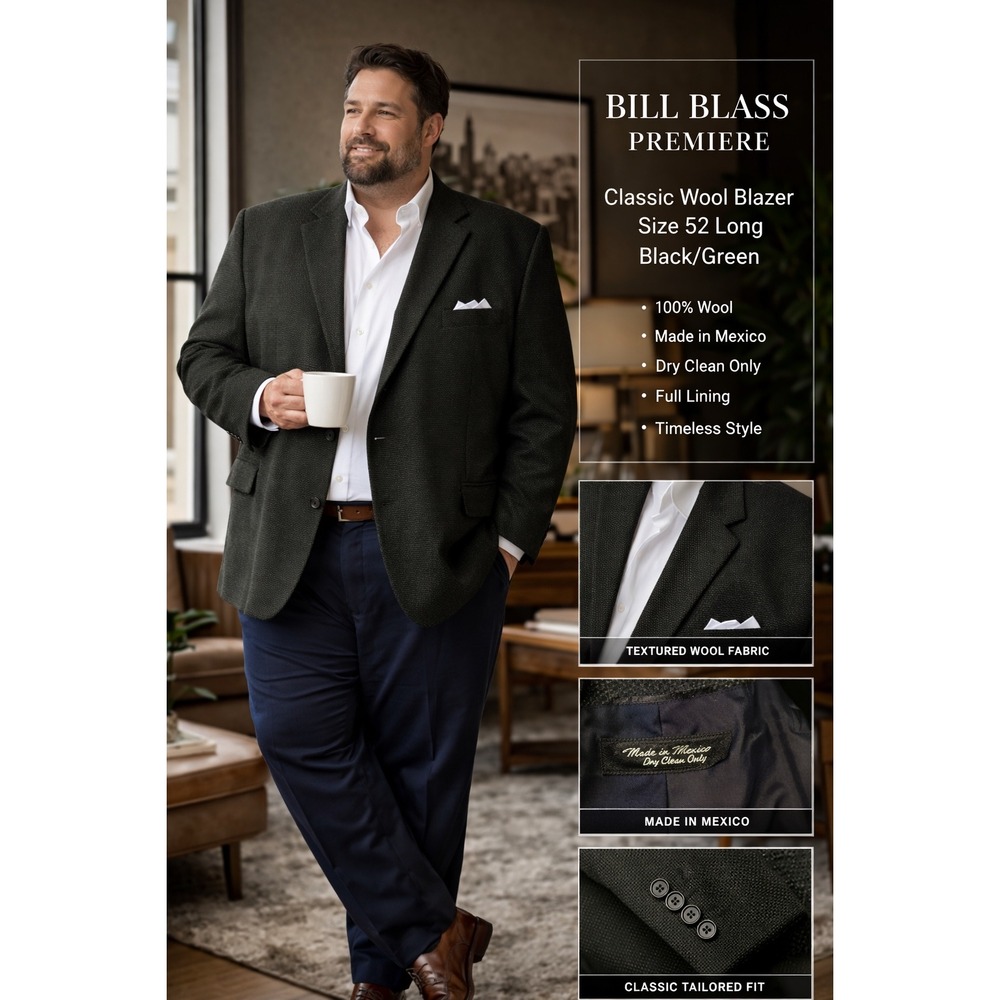Bill Blass Premier Collection Mens 52 Long Wool Blazer Green Black Sport Coat